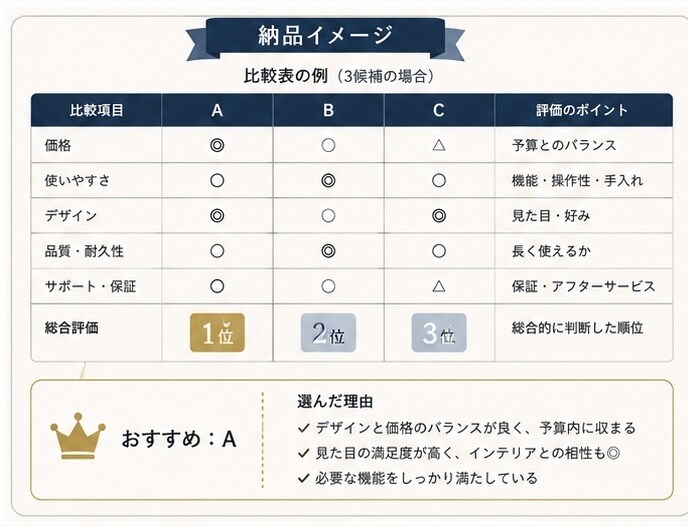 迷う候補を比較して合う1つに絞りますます 家具・家電・服・旅行など、条件を整理して客観的に比較します イメージ3