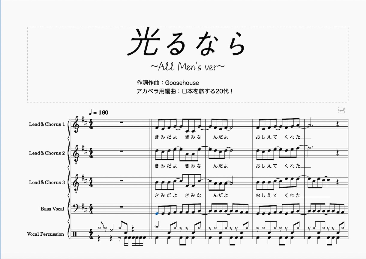 アカペラ楽譜をすぐに作ります 【プロに提供の実績あり】歌詞・パーカス譜まで含めこの金額！ イメージ2