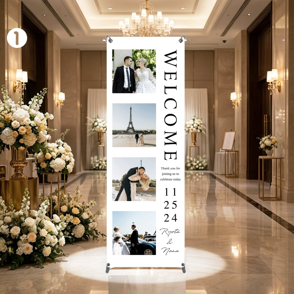 結婚式ウェルカムタペストリー＋スタンド付で届けます 取引1000件☆5｜シワなし高品質PET・修正無制限・送料込 イメージ1