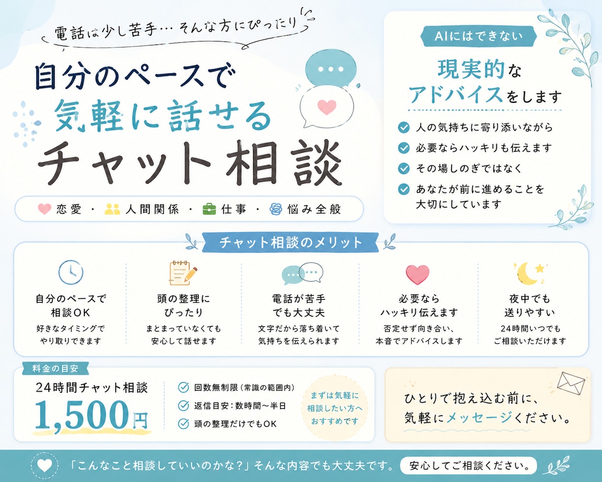 ひとりで抱え込む悩み、チャットで整理しますます AIにはできない、現実的な寄り添いをします イメージ1