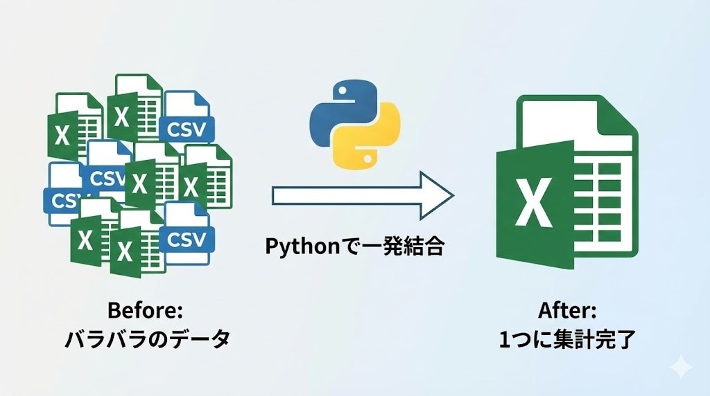 PythonでExcelファイルを結合・集計します コピペ集計を卒業。大量のデータも簡単操作で1つのファイルに イメージ1