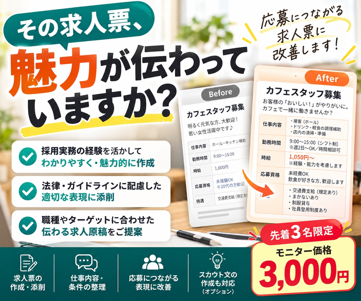 応募につながる求人票を作成・添削します 採用実務の経験を活かして求人原稿を改善 イメージ1
