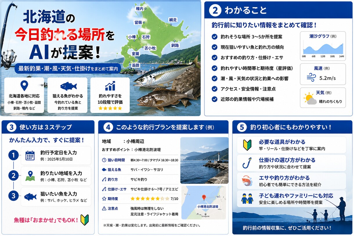 北海道の今日釣れる場所をAIが提案します 最新の釣果・潮・風から狙い目をわかりやすく提案 イメージ1