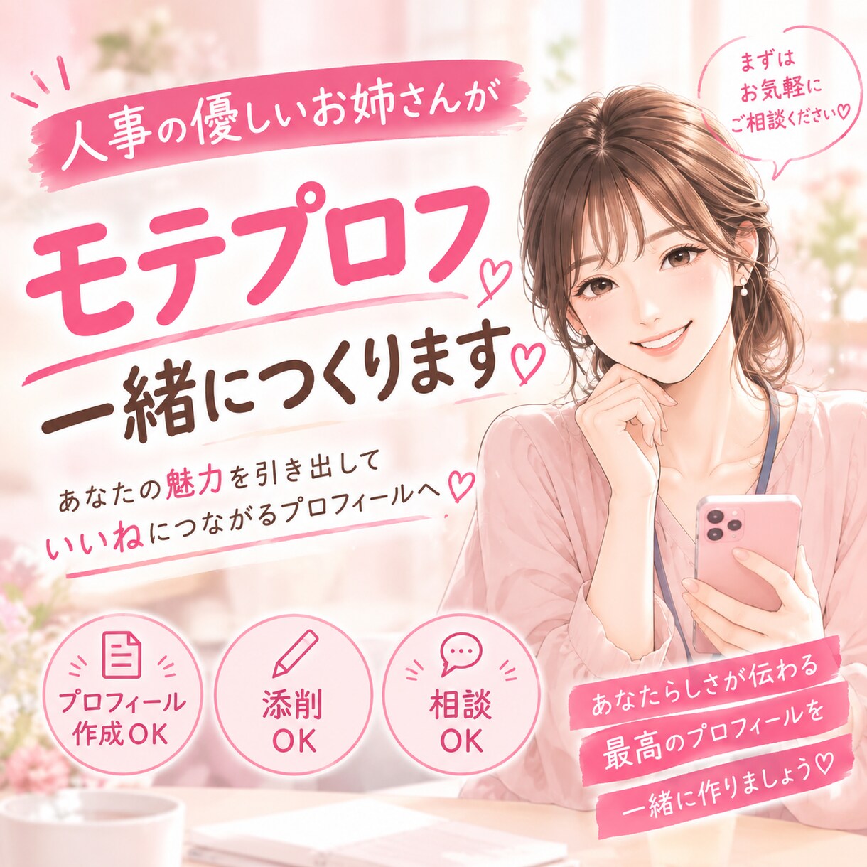 人事の優しいお姉さんがモテプロフを作成・添削します いいねが増える！異性に好印象なプロフを一緒に作りましょう イメージ1