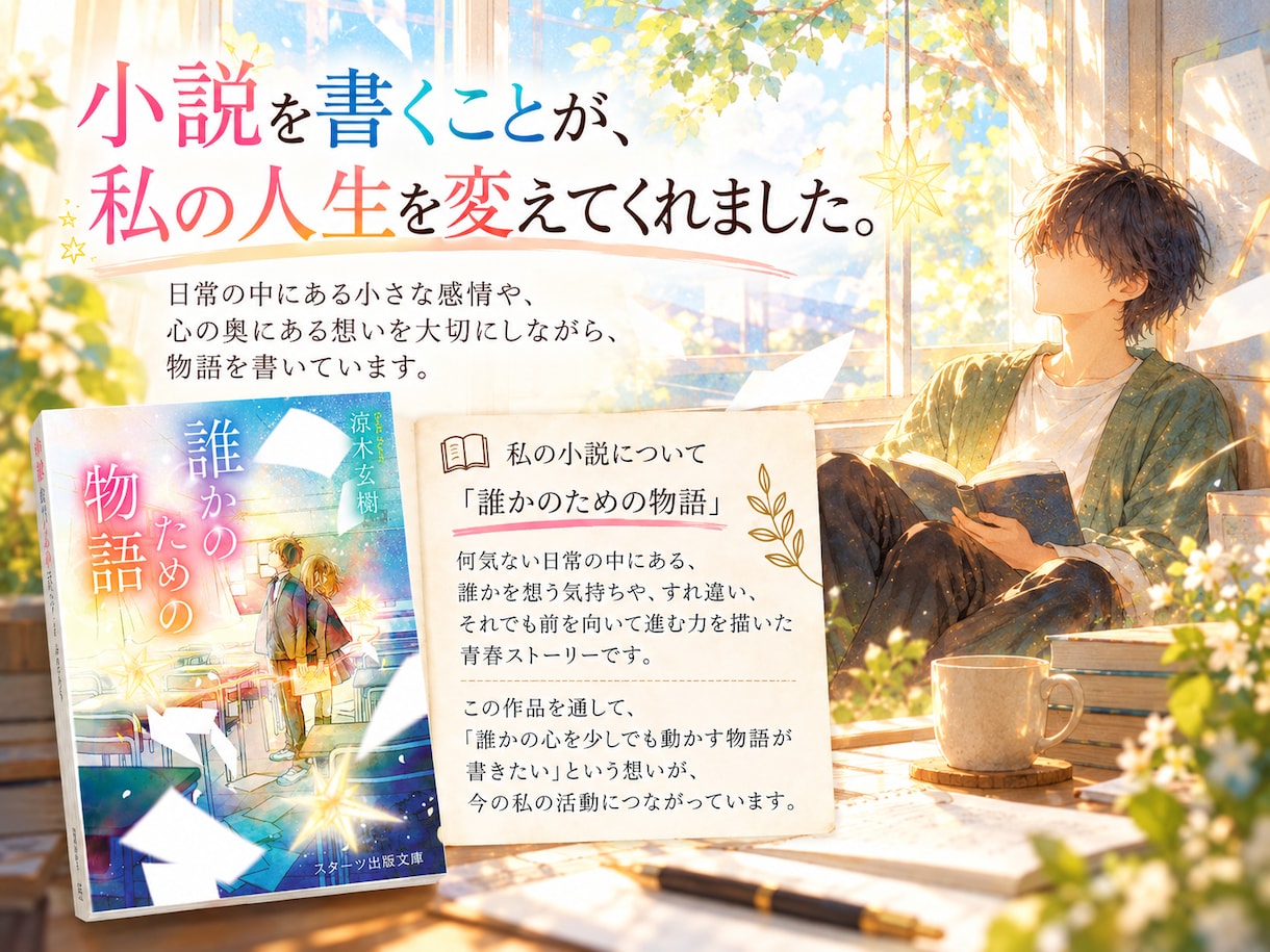 書きたい想いを物語に。小説家が30日間伴走します まずは、貴方らしい物語の紡ぎ方を対話で一緒に見つけましょう。 イメージ4