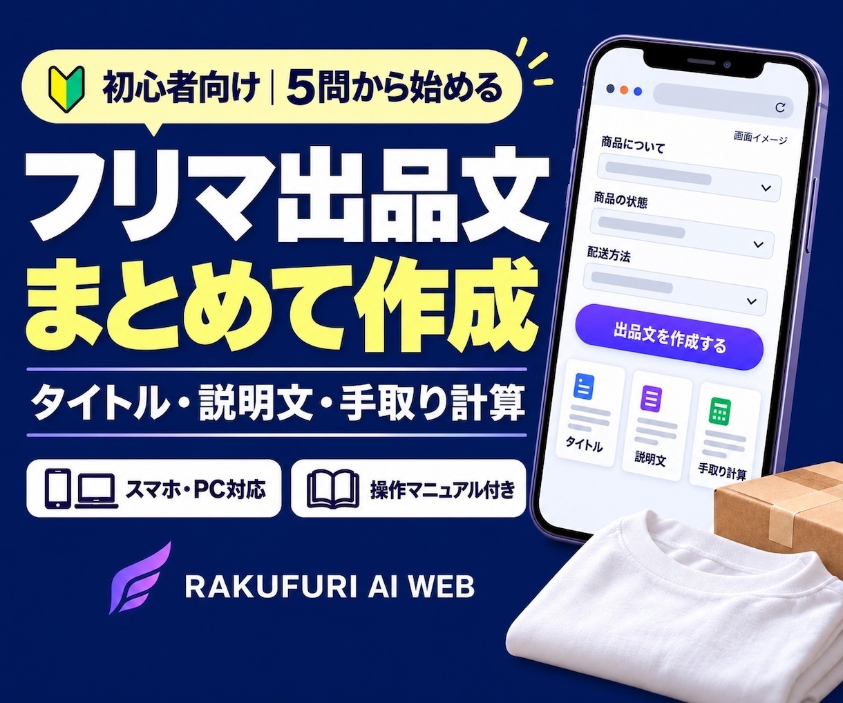 初心者向けフリマ出品準備Webツールを提供します 5問から、タイトル・説明・写真・価格・返信まで順番に整理 イメージ1