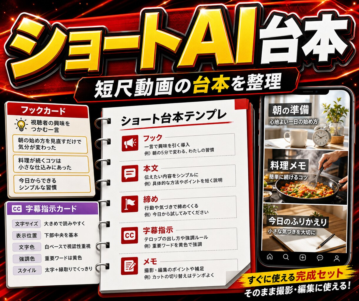 ショート動画AI台本を作ります 冒頭フックと締めまで型化します イメージ1