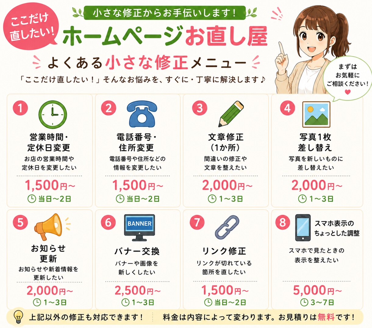 ホームページの「ここだけ直したい」をお手伝いします 「ここだけ直したい！」そんなご相談を大切にしています。 イメージ7