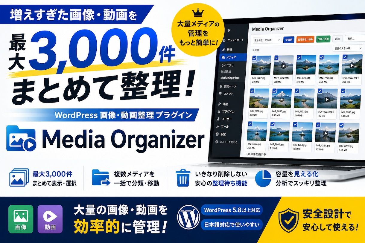 WordPress画像整理プラグインを提供します 最大3,000件を一括表示！画像・動画をまとめて整理できます イメージ1