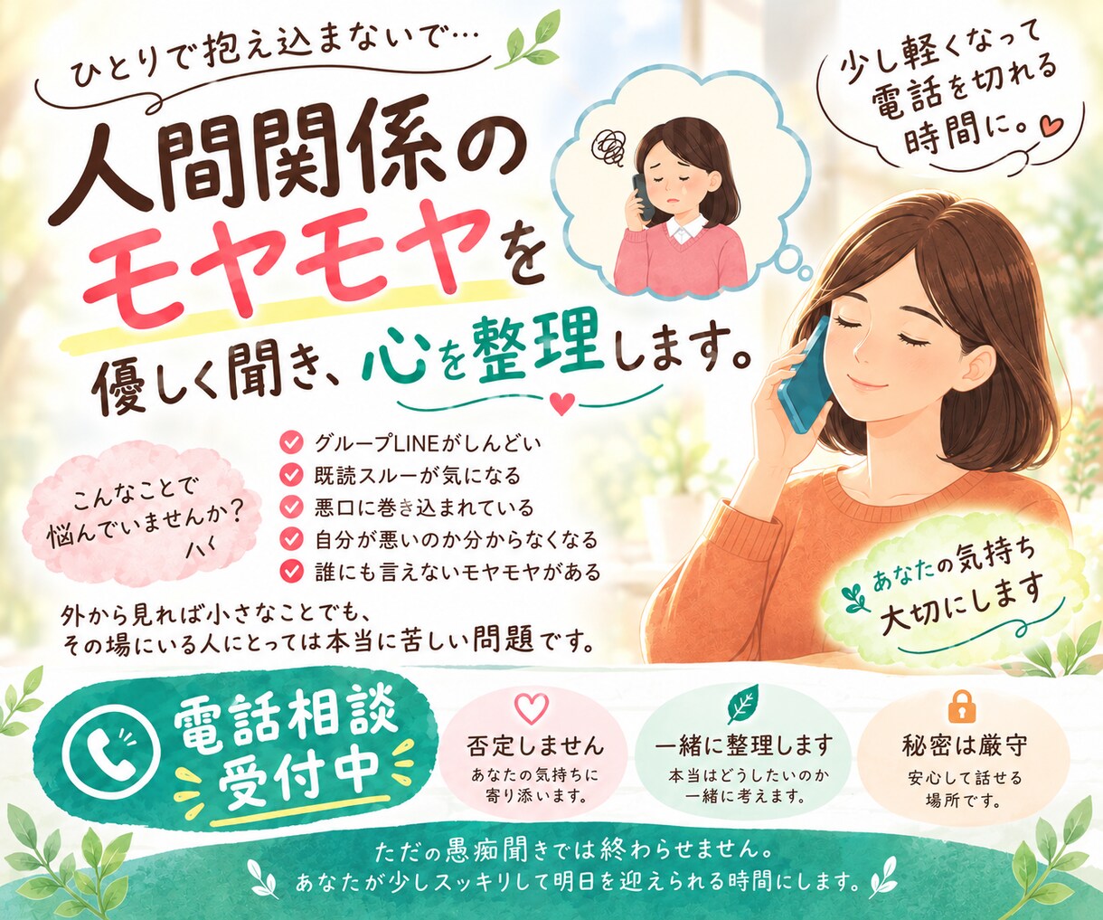あなたの色んなモヤモヤを電話で優しく聞きます 否定や正論で傷つけません。少し軽くなって電話を切れる時間に。 イメージ1