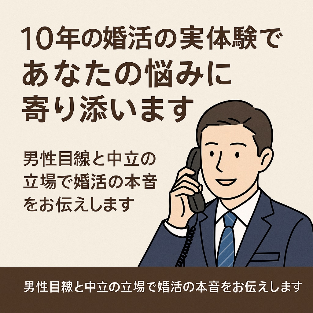 10年婚活の実体験であなたの悩みに寄り添います 男性目線と中立の立場で婚活の本音をお伝えします イメージ1