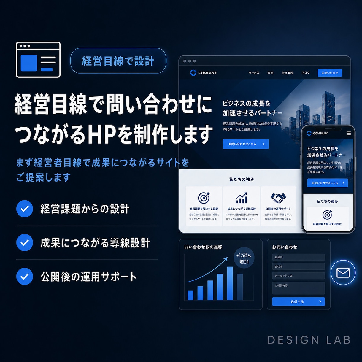 経営目線で問い合わせにつながるHPを制作します まず経営者目線で成果につながるサイトをご提案します イメージ1