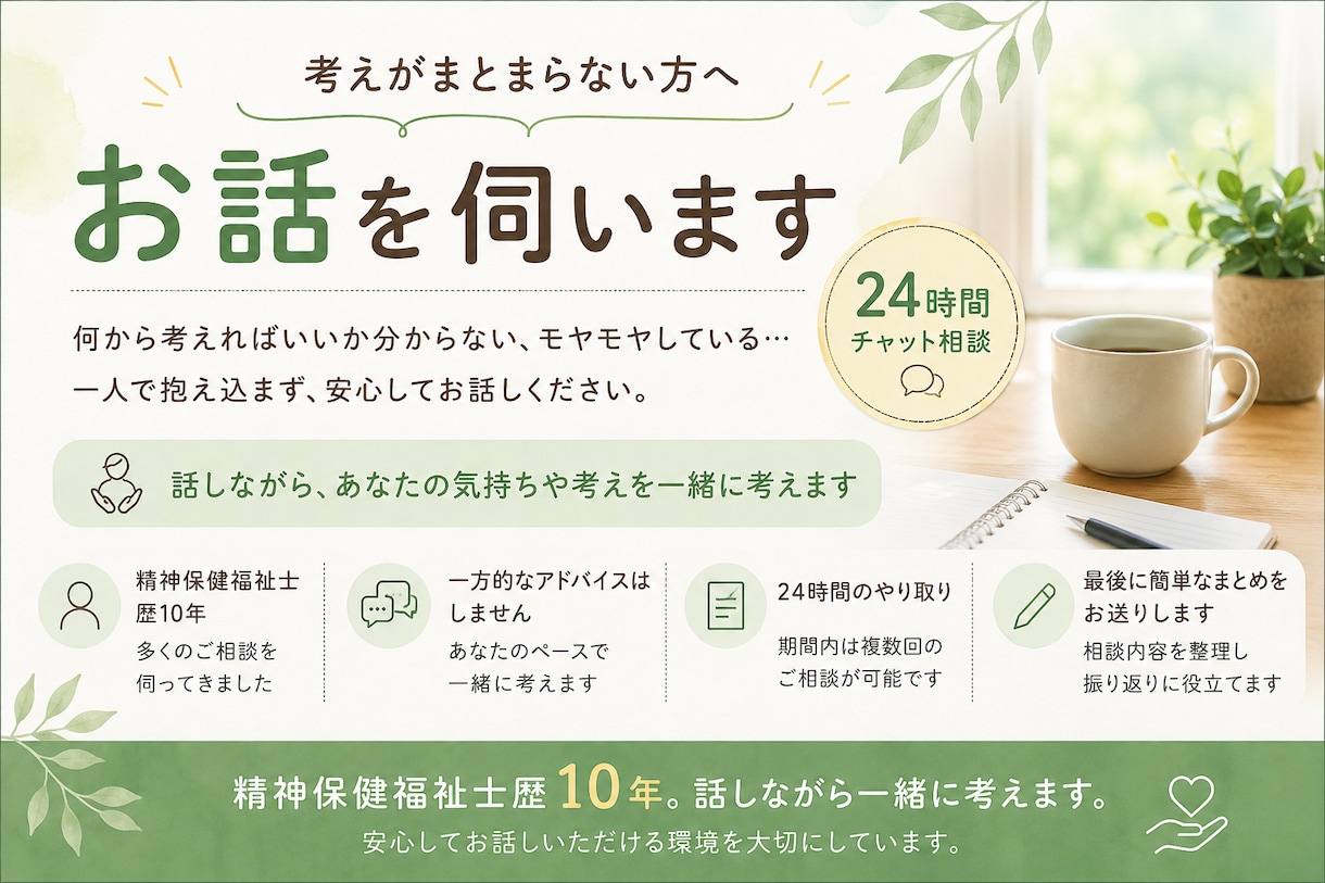 考えがまとまらない方、お話を伺います 精神保健福祉士歴10年。話しながら一緒に整理します。 イメージ1