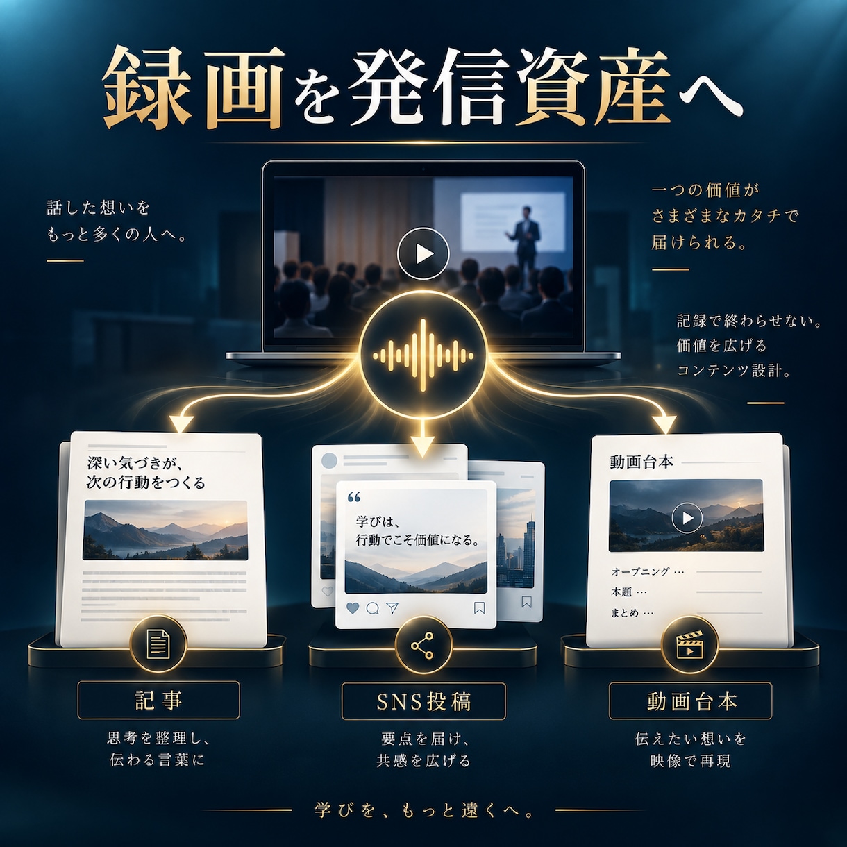 経営者の録画を発信コンテンツに変えます 録画1本から記事とSNS投稿とCTAを制作 イメージ1