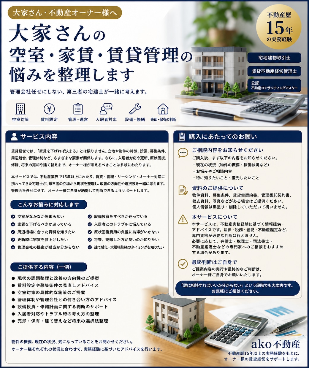 大家さんの空室・家賃・賃貸管理の悩みを整理します 不動産歴15年の宅建士が改善策を一緒に考えます イメージ1