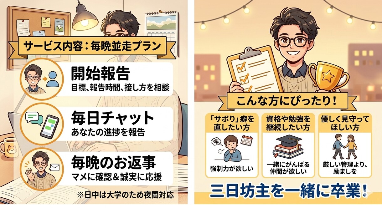 毎日チャットであなたの達成目標を管理します 現役大学生が毎晩誠実に並走！三日坊主を一緒に卒業します！ イメージ2