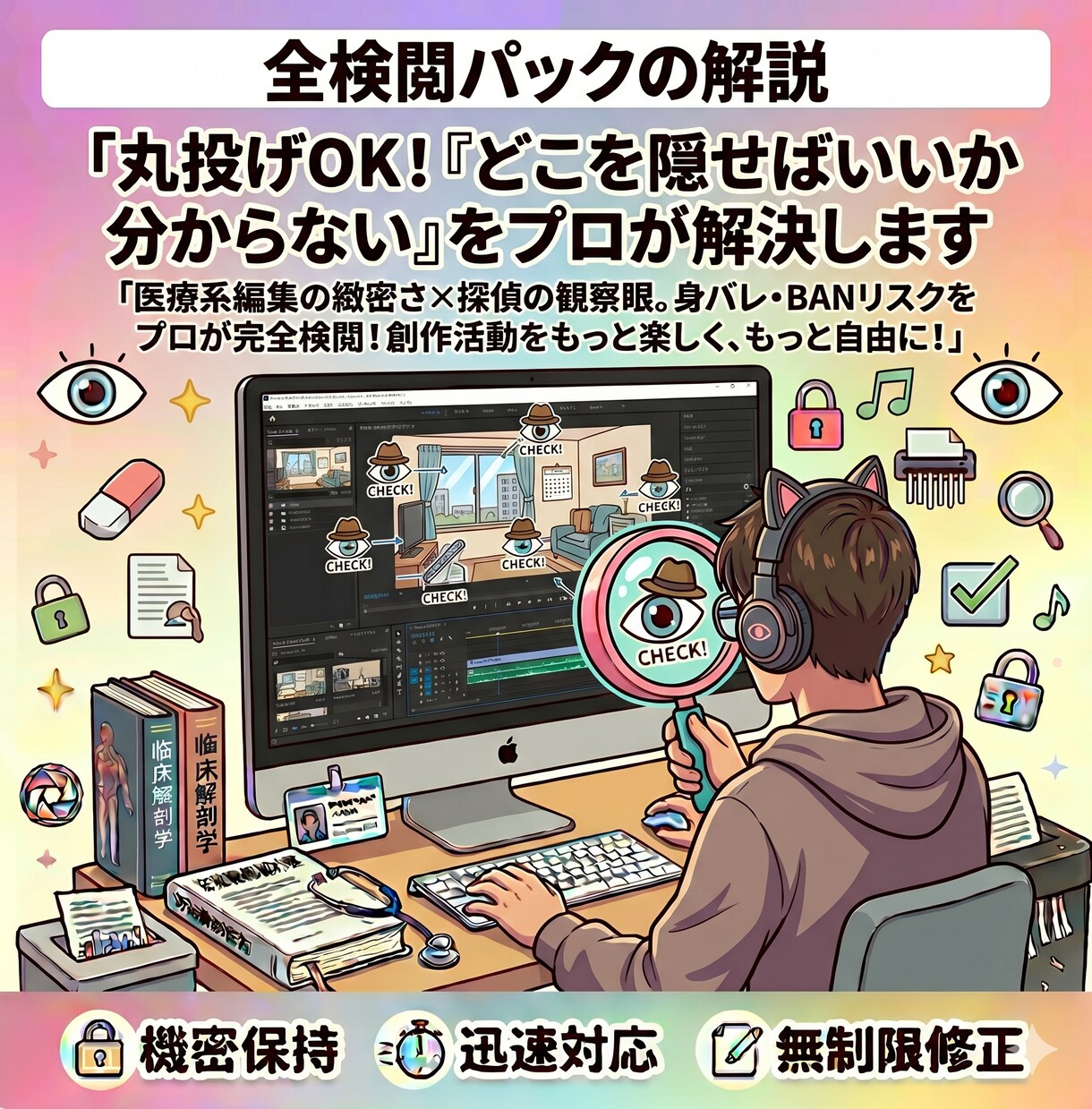 モザイク入れ＆特定防止チェックをプロが代行します 医療系編集の緻密さで反射・背景・音を徹底ガード。 イメージ9