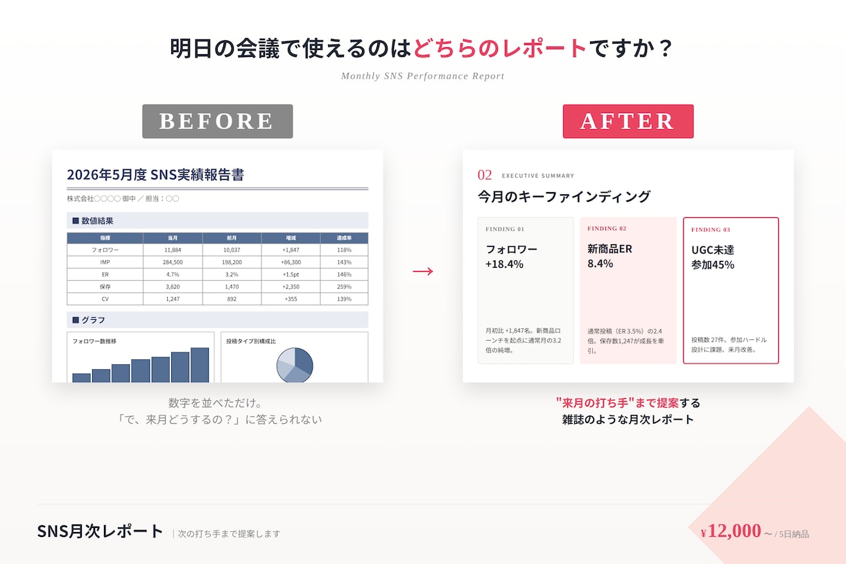 SNS月次レポート｜次の打ち手まで提案します 数字でなく"打ち手"を届けるSNS月次レポート イメージ1