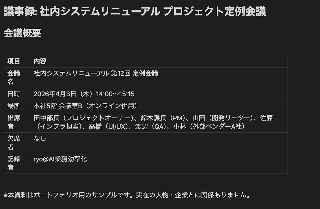 会議の文字起し・メモから見やすい議事録を作成します 決定事項・TODOが一目でわかる議事録をお届け イメージ2