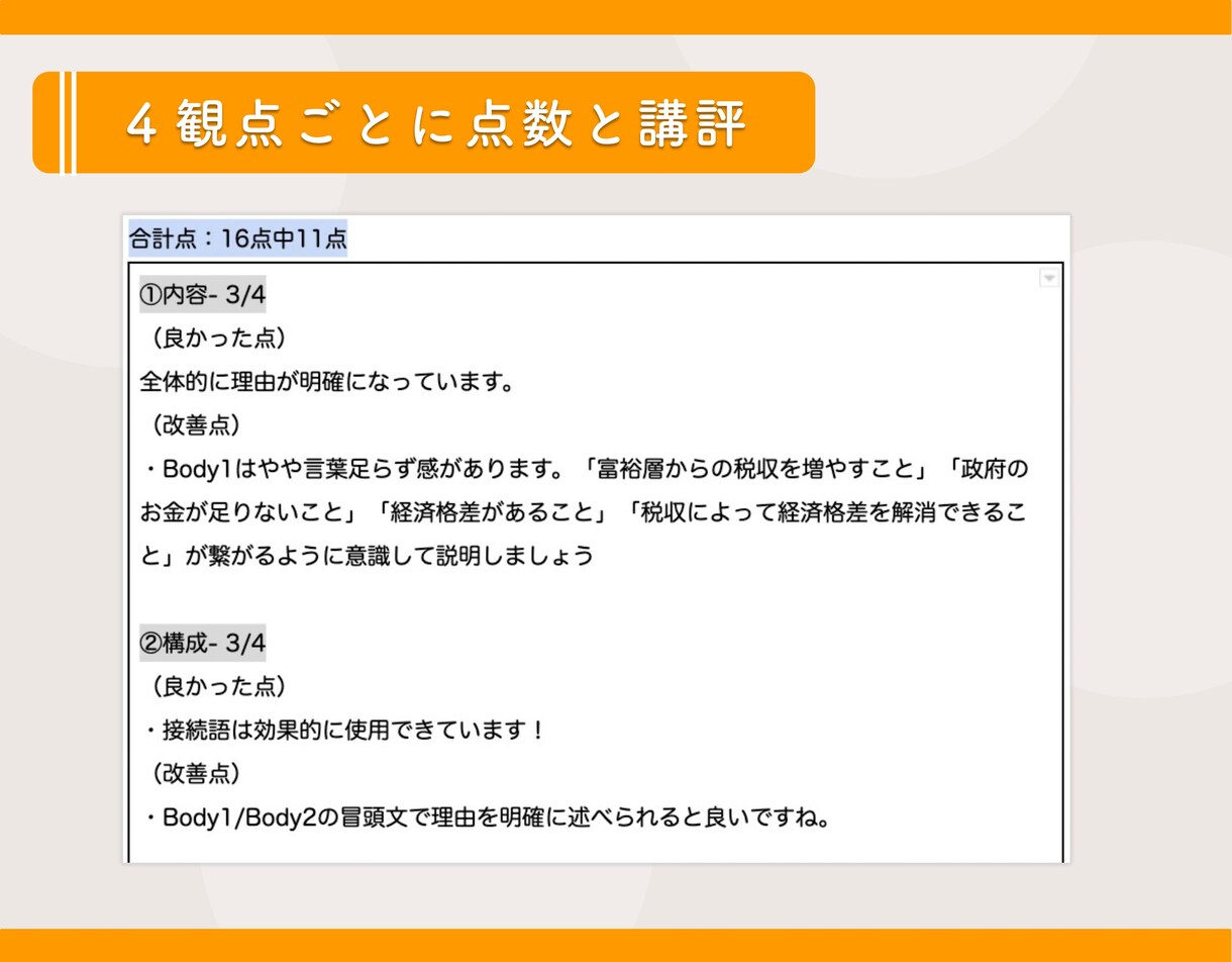本番の採点基準で英検のライティングを添削します 4つの採点項目から予想得点を算出 / 新形式の要約問題対応！ イメージ4