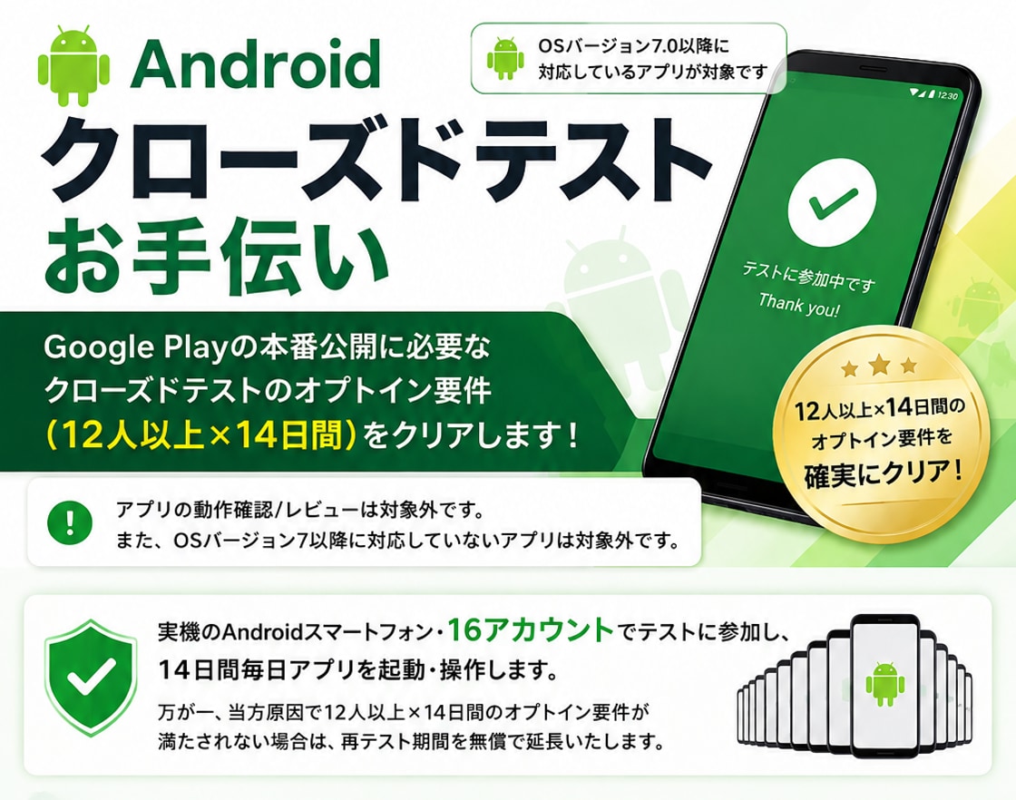 Androidクローズドテスト突破をお手伝いします クローズドテスト12人×14日を実機16アカウントでクリア イメージ1