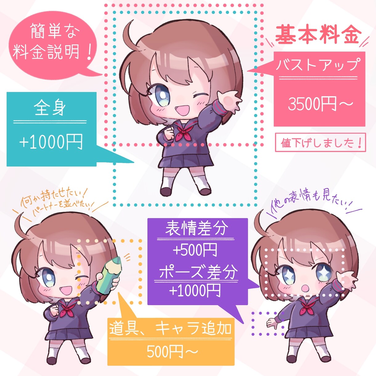 可愛いミニキャラ(ちびキャラ)描きます 表情差分やポーズ差分も承ります！ イメージ3
