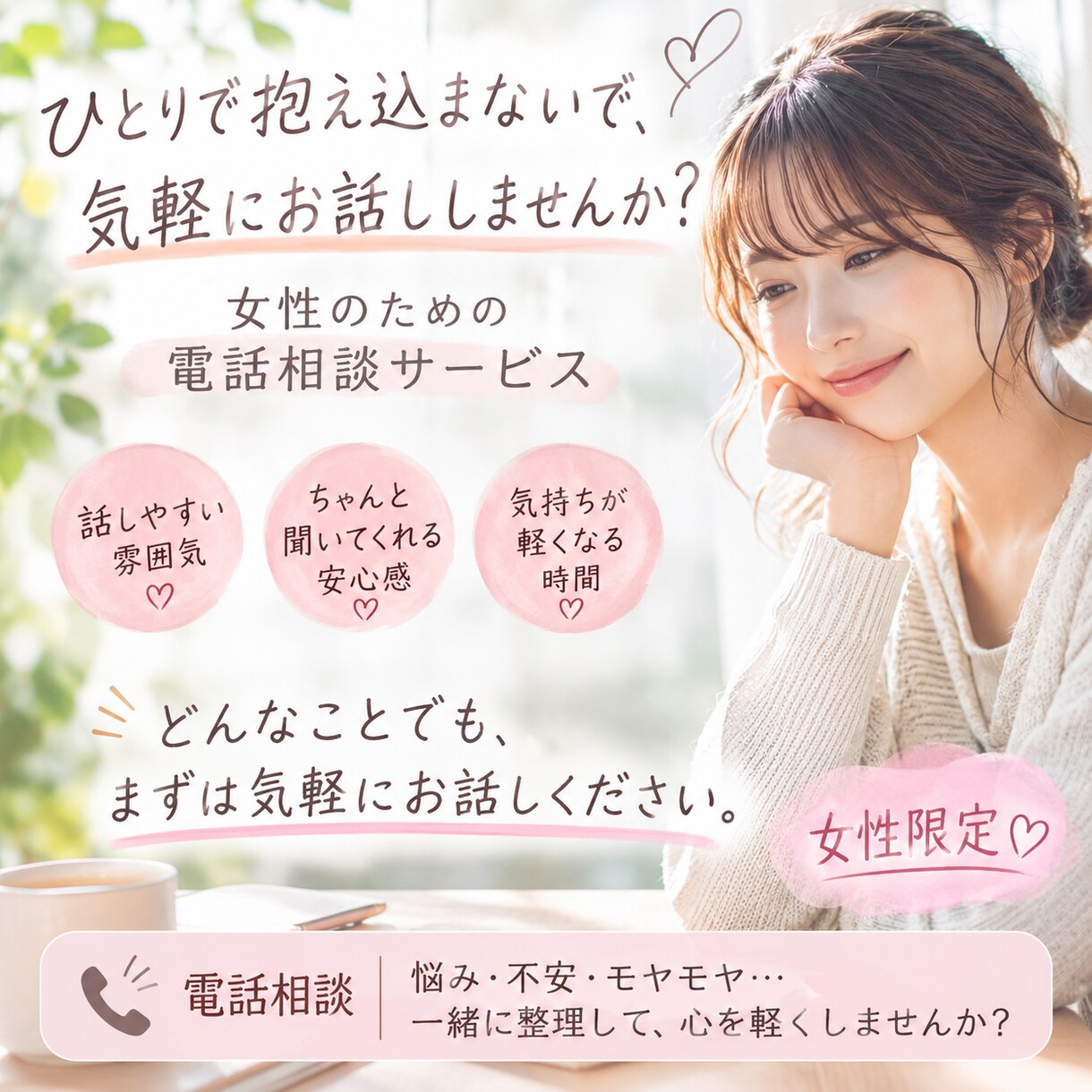 なんでも聞きます 1人で抱えず誰かに話すことで気が楽になりますよ イメージ1