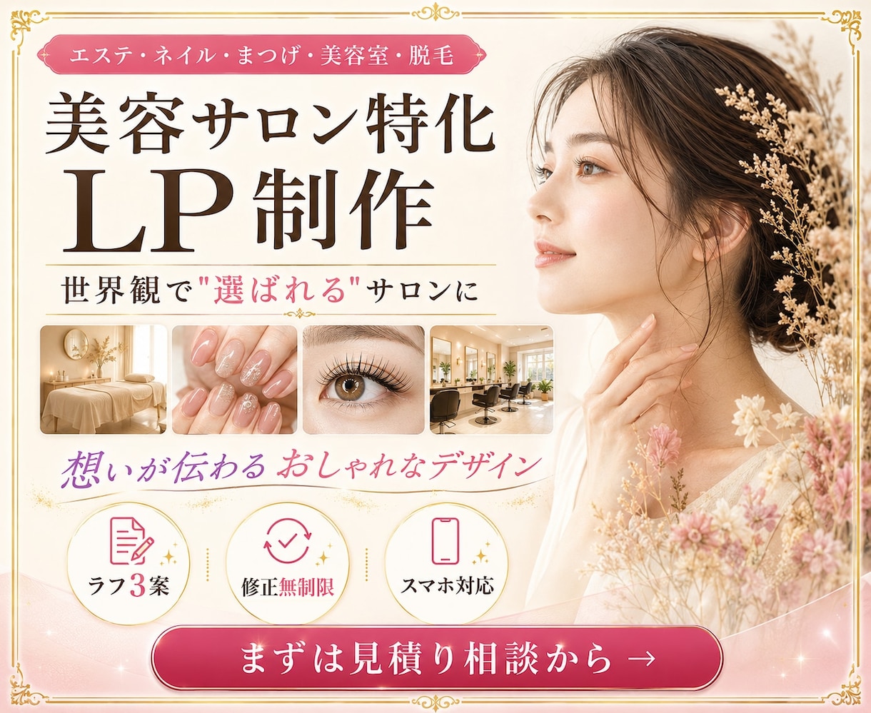 サロンの魅力と予約導線が伝わるLPを制作します エステ・ネイル・まつげ｜FV3案・スマホ対応 イメージ1
