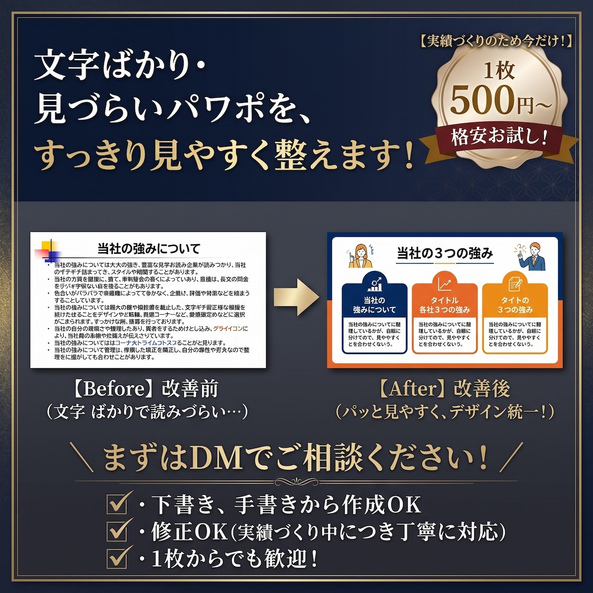 文字だらけのパワポを見やすく美しく整えます 【1枚500円〜】初心者価格で丁寧に対応◎ イメージ1