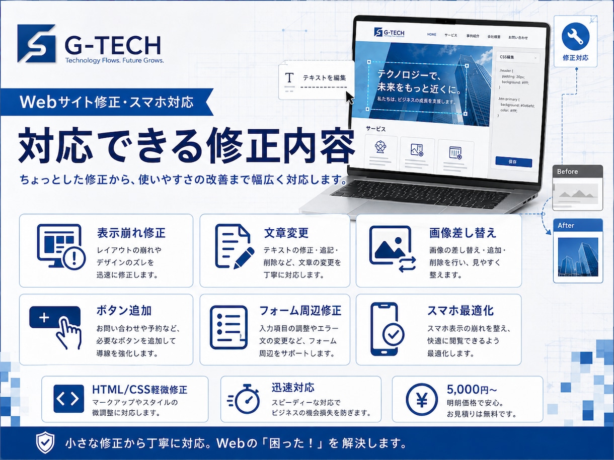 Webサイト修正・スマホ対応・表示崩れを直します 文章変更・画像差し替え・HTML/CSS軽微修正 イメージ2