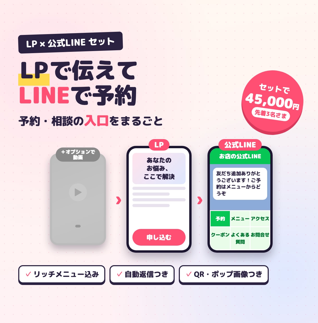 LPと公式LINEをセットで作ります LPで伝えてLINEで予約。お店の入口をまるごと作ります イメージ1