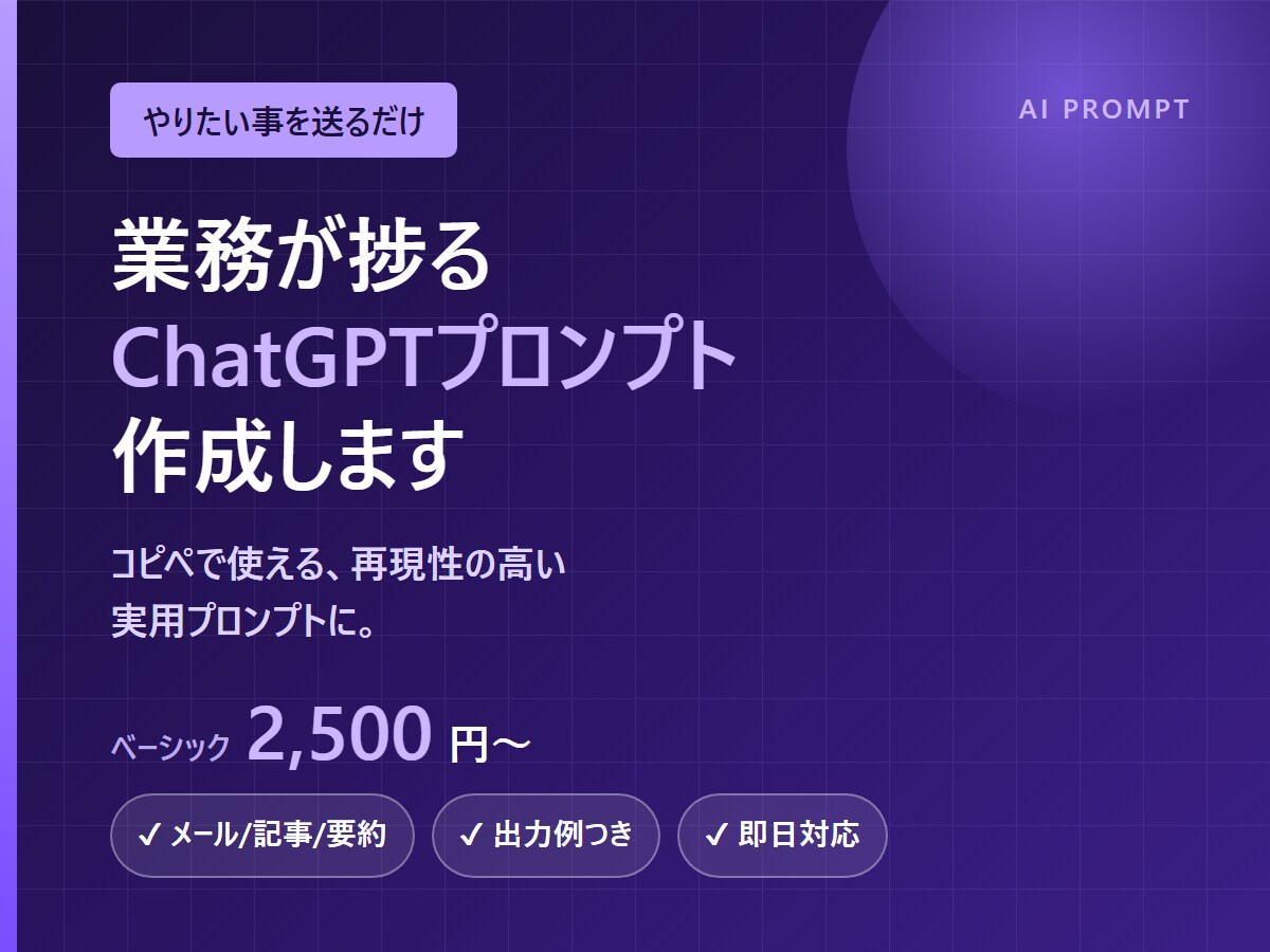 ChatGPTの業務効率化プロンプト作成します 目的を送るだけ。すぐ使える実用プロンプトを作成します イメージ1