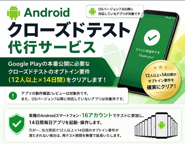 リピーター様用_クローズドテストお手伝いします クローズドテスト12人×14日を実機16アカウントでクリア イメージ1