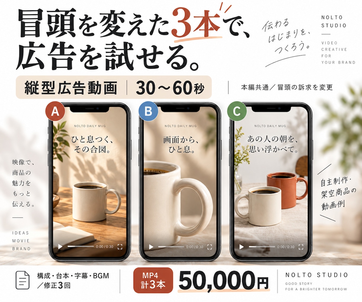 冒頭3案付きの縦型広告動画を制作します 本編共通・冒頭違いのMP4を3本。台本から制作 イメージ1