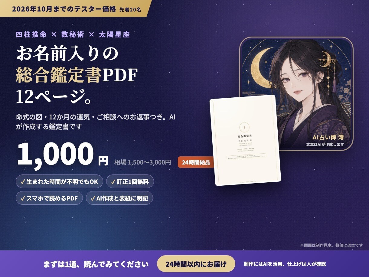 四柱推命×数秘で10〜11ページの鑑定書を作ります AIが作るお名前入りPDF。命式の図と12か月の運気つき イメージ1