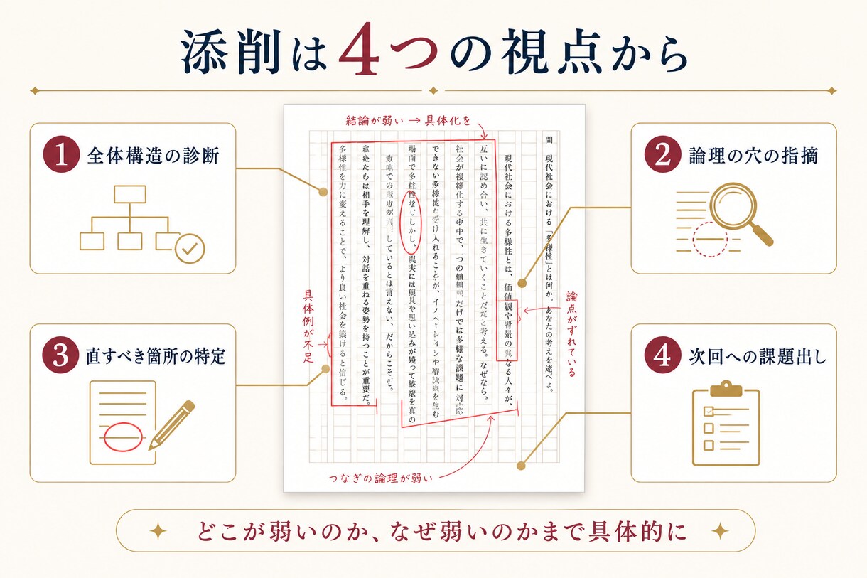 早慶・大学受験の小論文を論理構成から添削します 答案1本を構成診断・論理添削・再確認1回まで対応 イメージ3