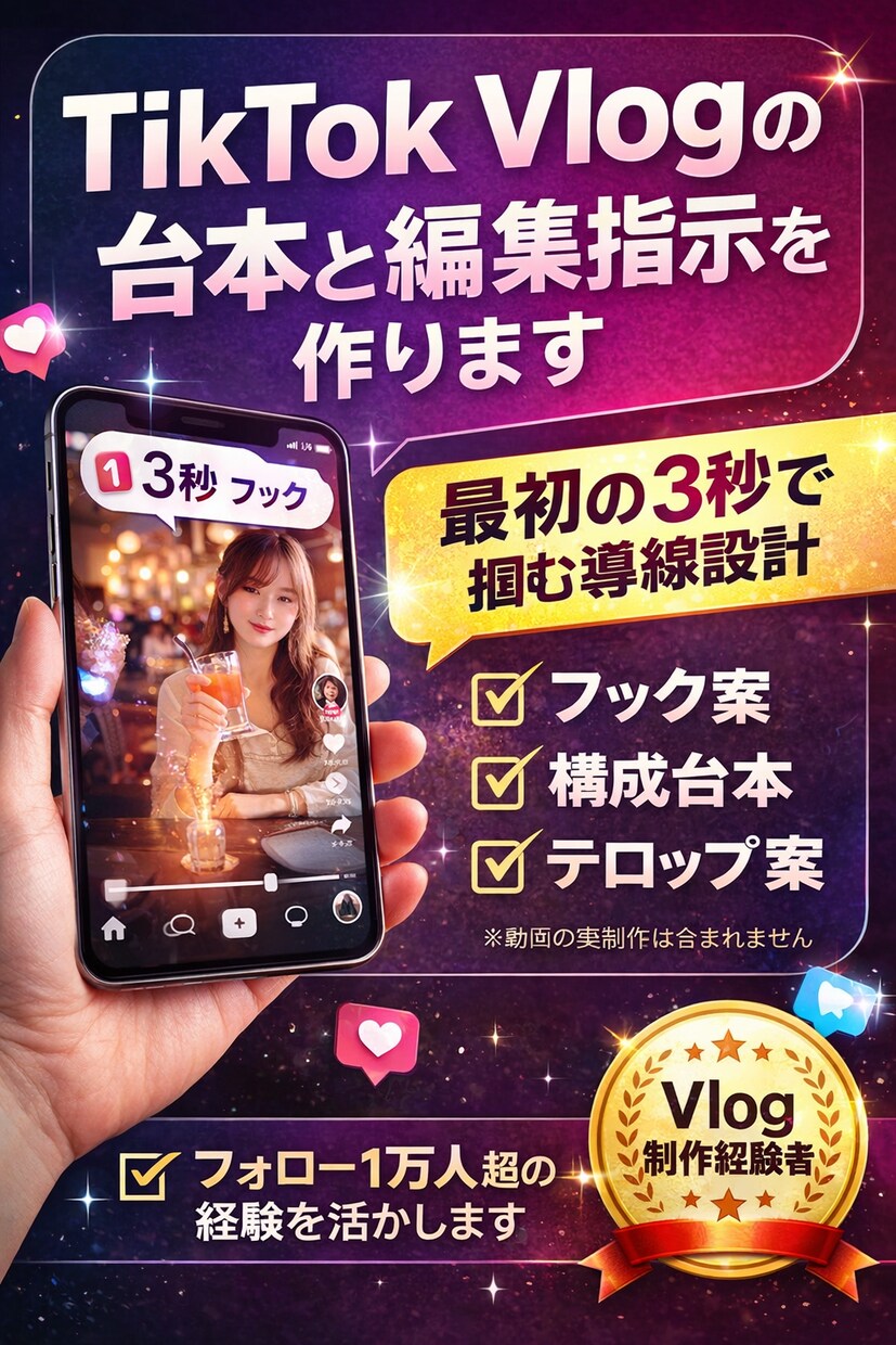 TikTok Vlogの台本と編集指示を作ります 最初の3秒で掴むVlog設計“離脱させない流れ”に整えます イメージ1