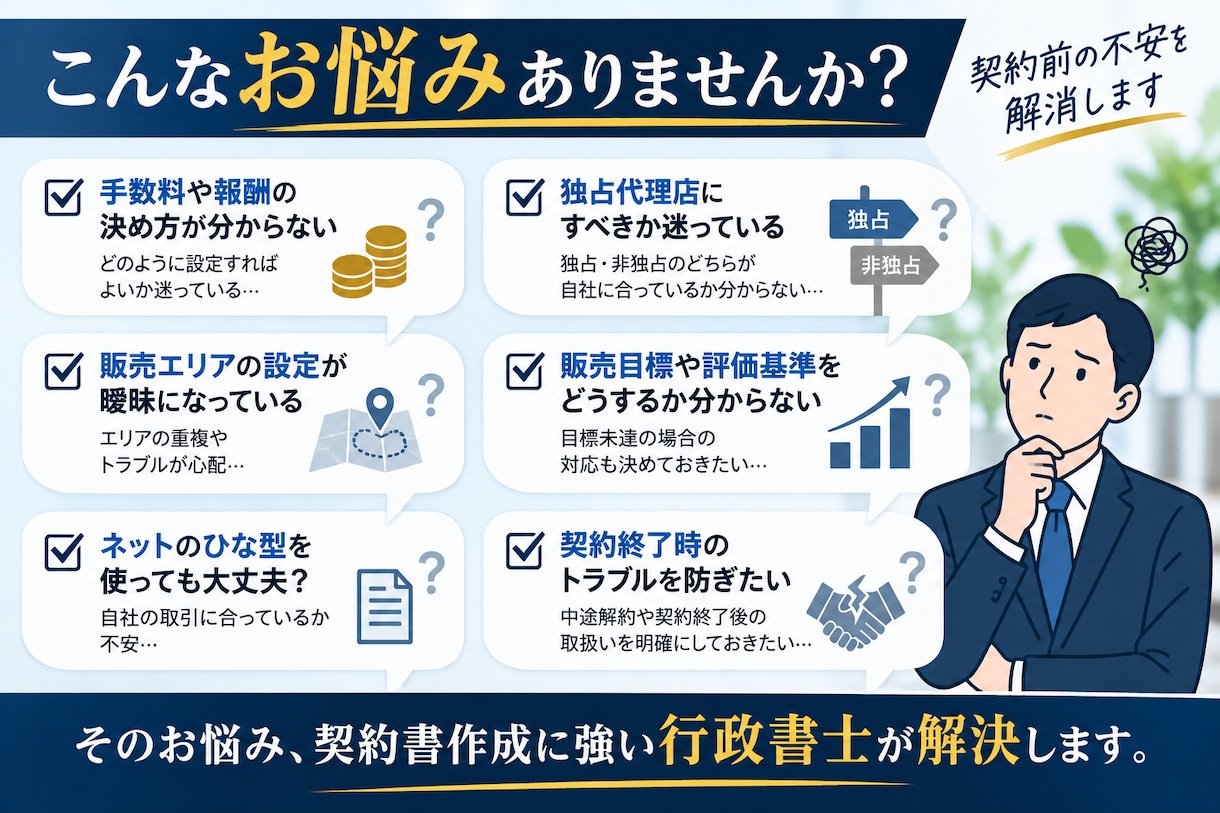 代理店契約書を行政書士がオーダーメイドで作成します 手数料・独占権・販売条件まで、貴社の取引に合わせて丁寧に設計 イメージ3