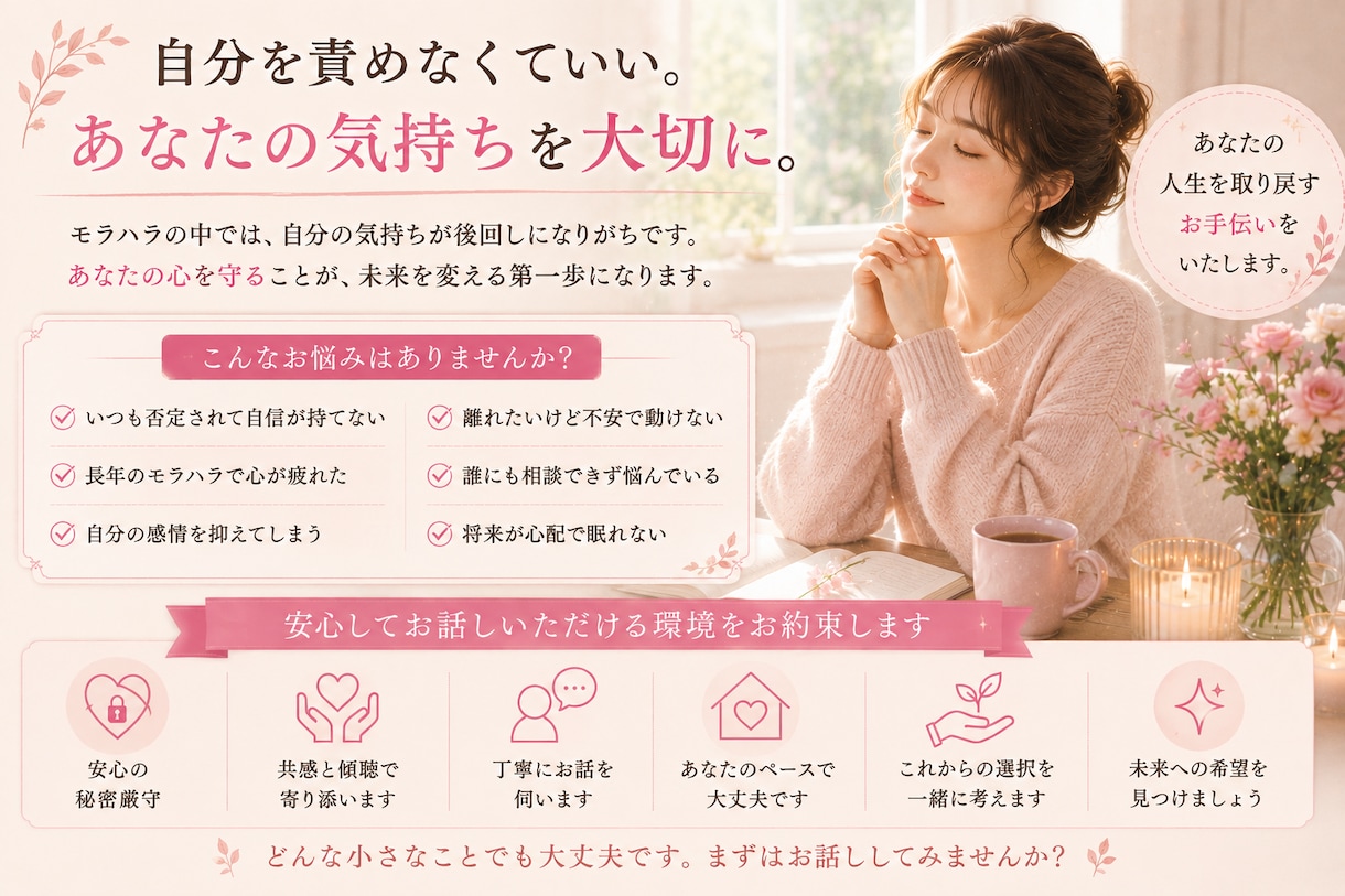 彼・夫のモラハラに悩むあなたの気持ちを整理します 私自身も「モラハラかも」と悩んだ経験者だから話せる安心感 イメージ7