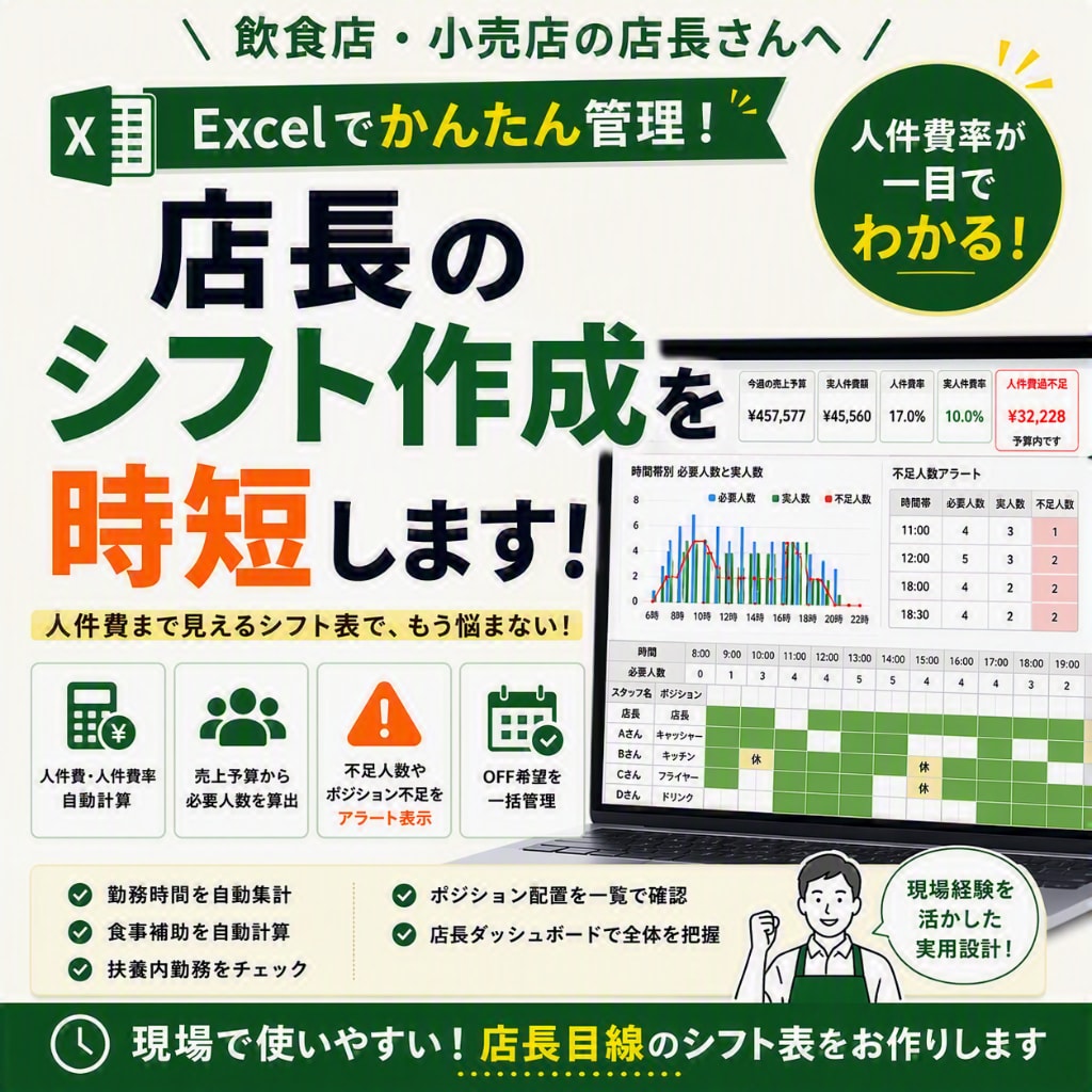 飲食店向けの人件費が見えるシフト表を作ります 店長のシフト作成を時短します。 イメージ1