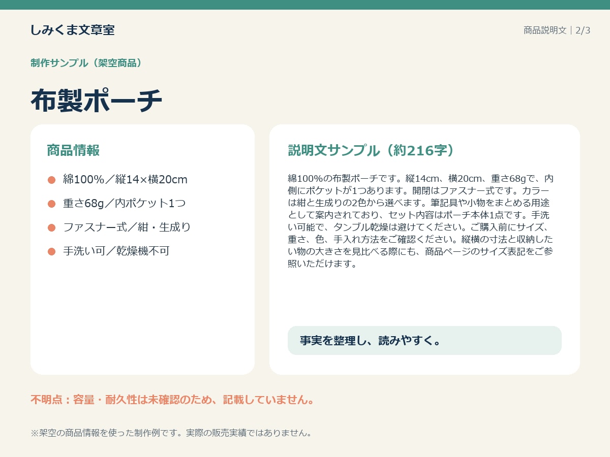 雑貨の商品説明文を3点まとめて整えます タイトル・説明文・特徴を、商品情報から整理 イメージ4