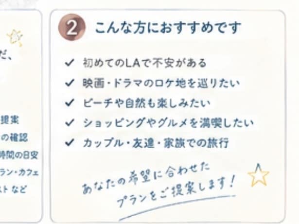 あなたの希望に合わせたLAプランを一緒に考えます 観光・グルメ・営業時間・料金・移動時間まで！ イメージ3