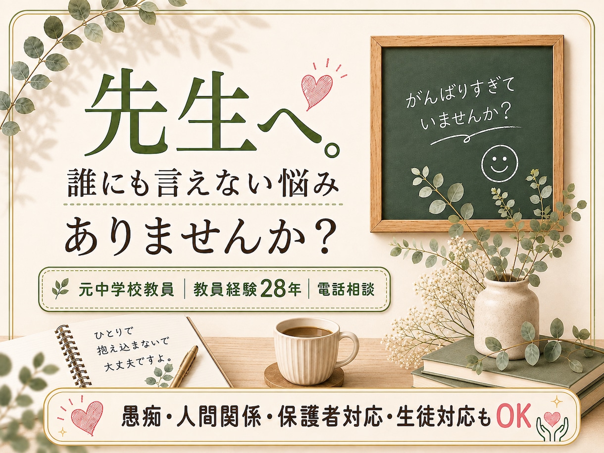先生だからこそ言えない悩みや愚痴を聞きます 元中学校教員28年｜人間関係・保護者・生徒対応もOK イメージ1