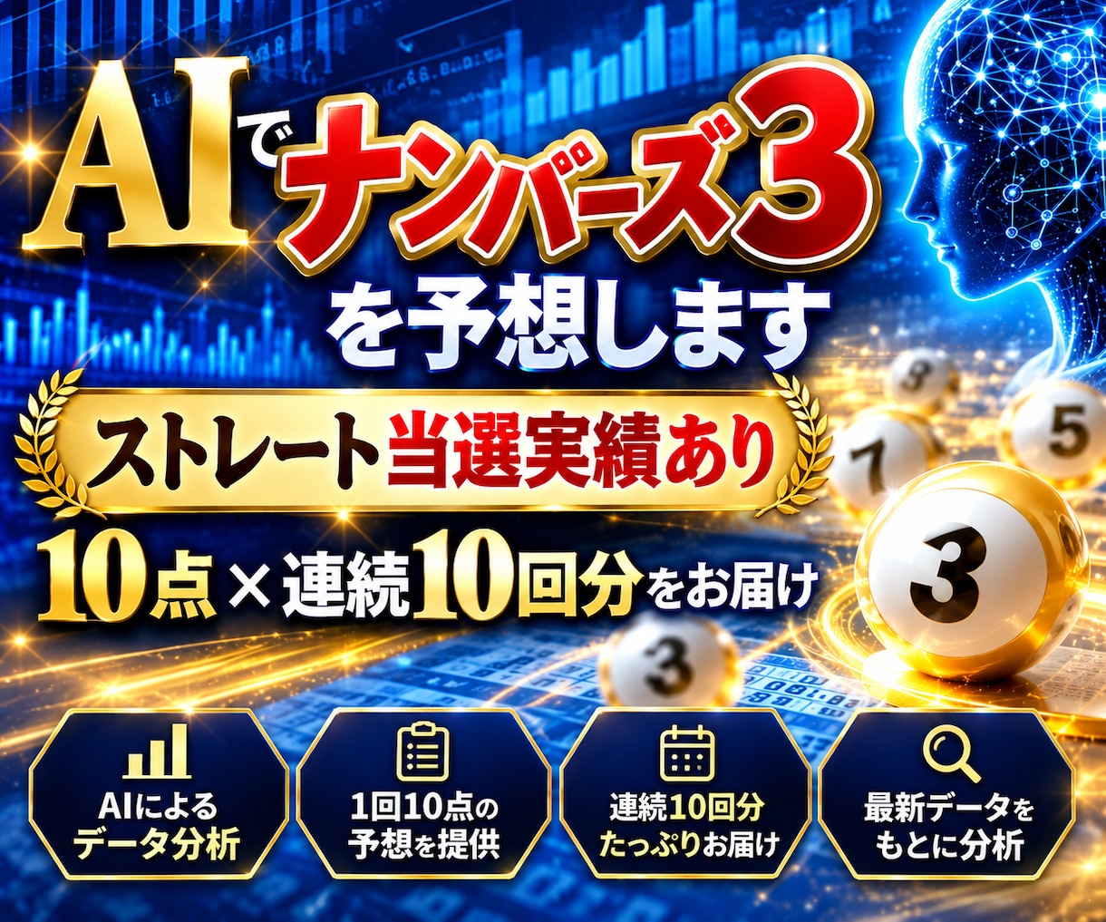 AIでナンバーズ3を予想します ストレート当選実績あり｜10点×連続10回分をお届け イメージ1