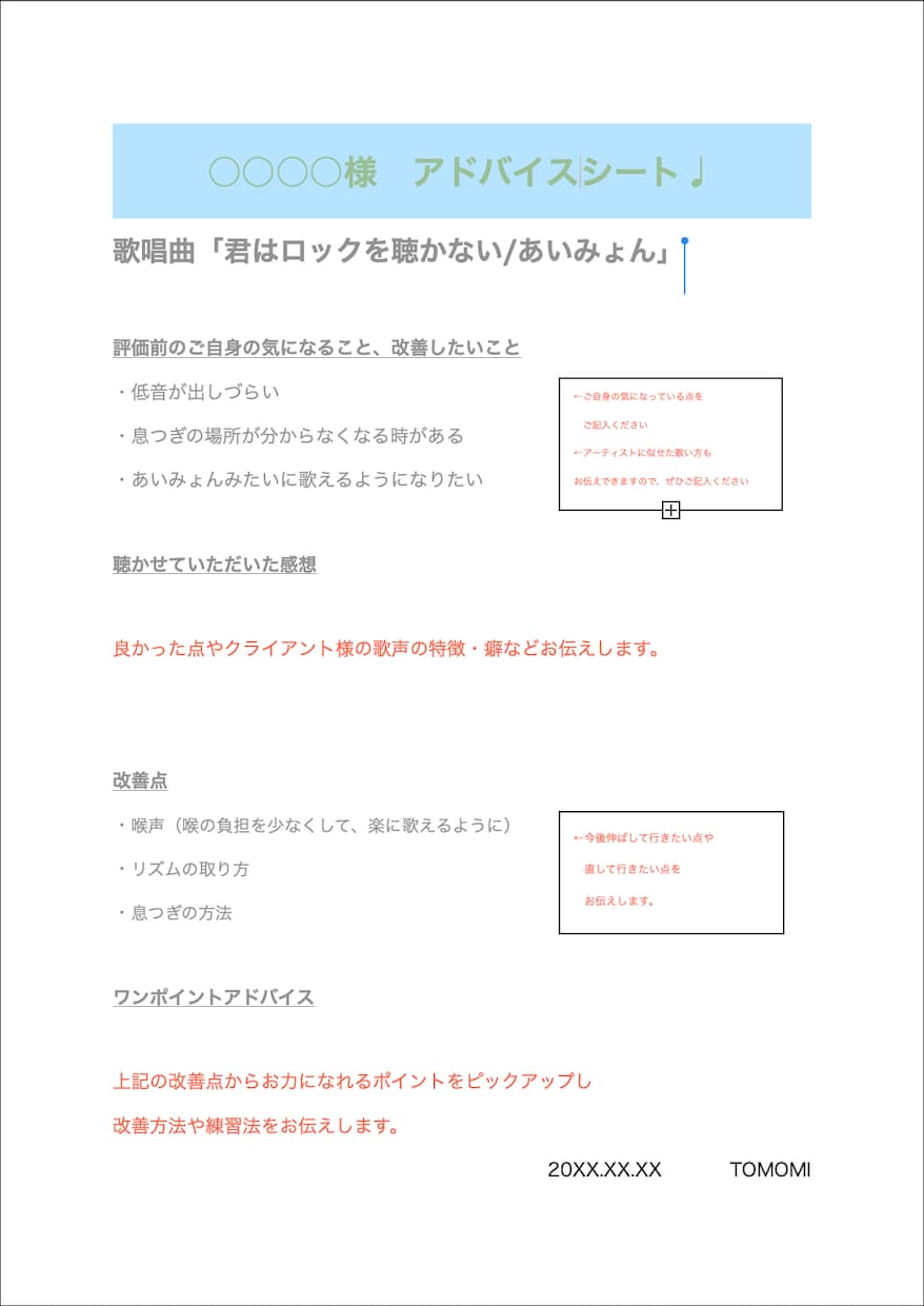 アドバイスシート☆今の歌声を分析、練習法伝えます レッスン実績200名以上！音源を送るだけで簡単にレッスン受講 イメージ2
