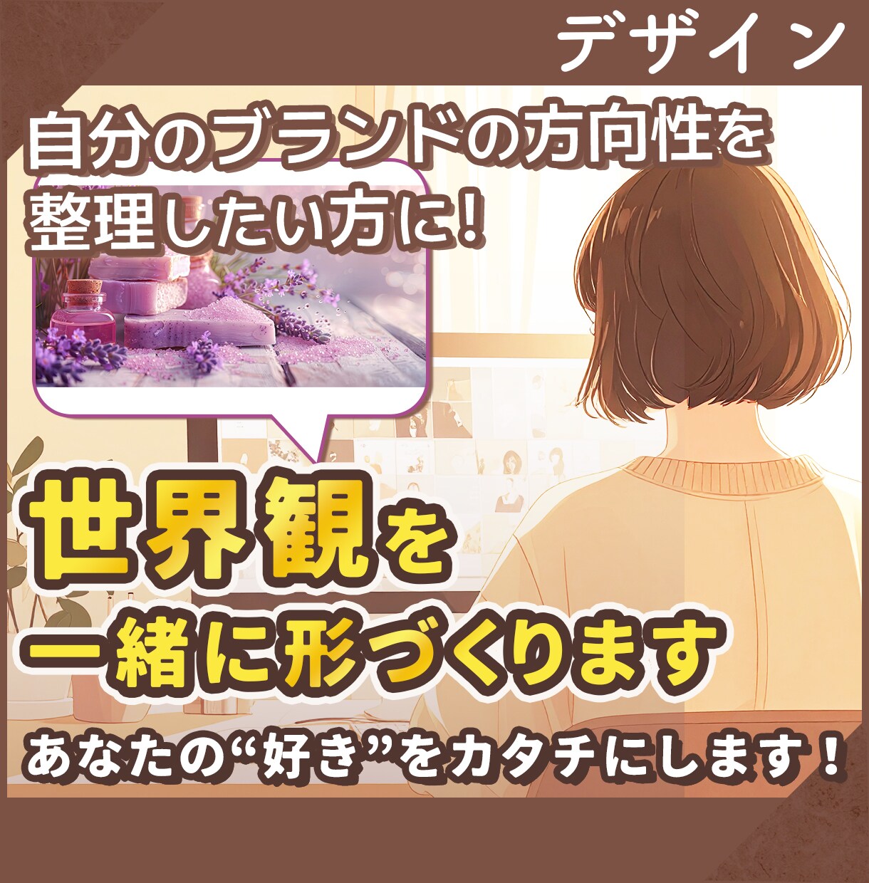 あなたの世界観を一緒に整理し、イメージを形にします ヒアリングと画像共有で、あなたブランドの世界観をつくります。 イメージ1
