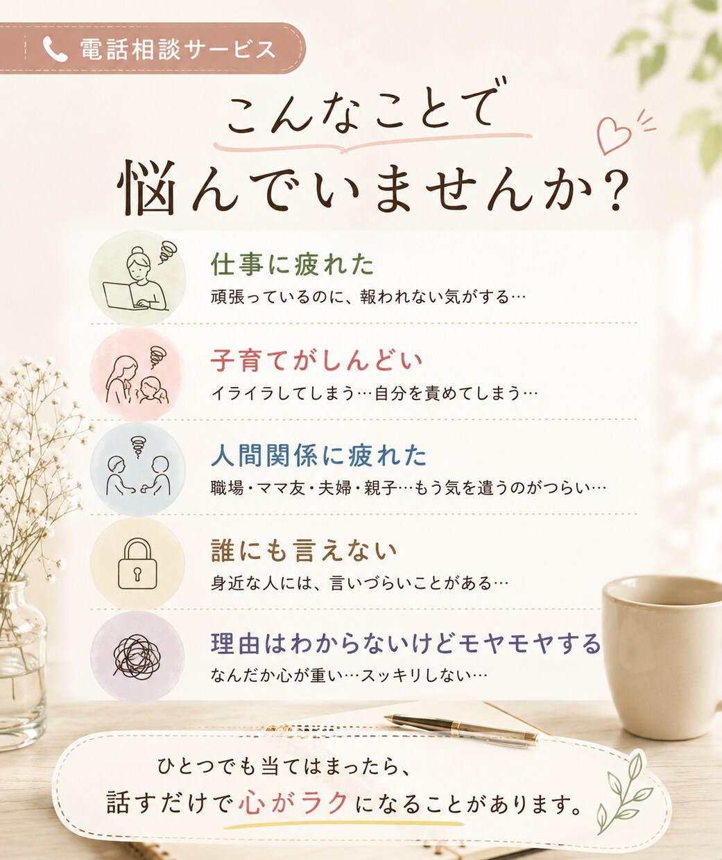 もう疲れた…頑張りすぎだあなたの本音を聴きます 仕事・人間関係の愚痴も弱音もOK｜教員歴23年の私が聴きます イメージ2