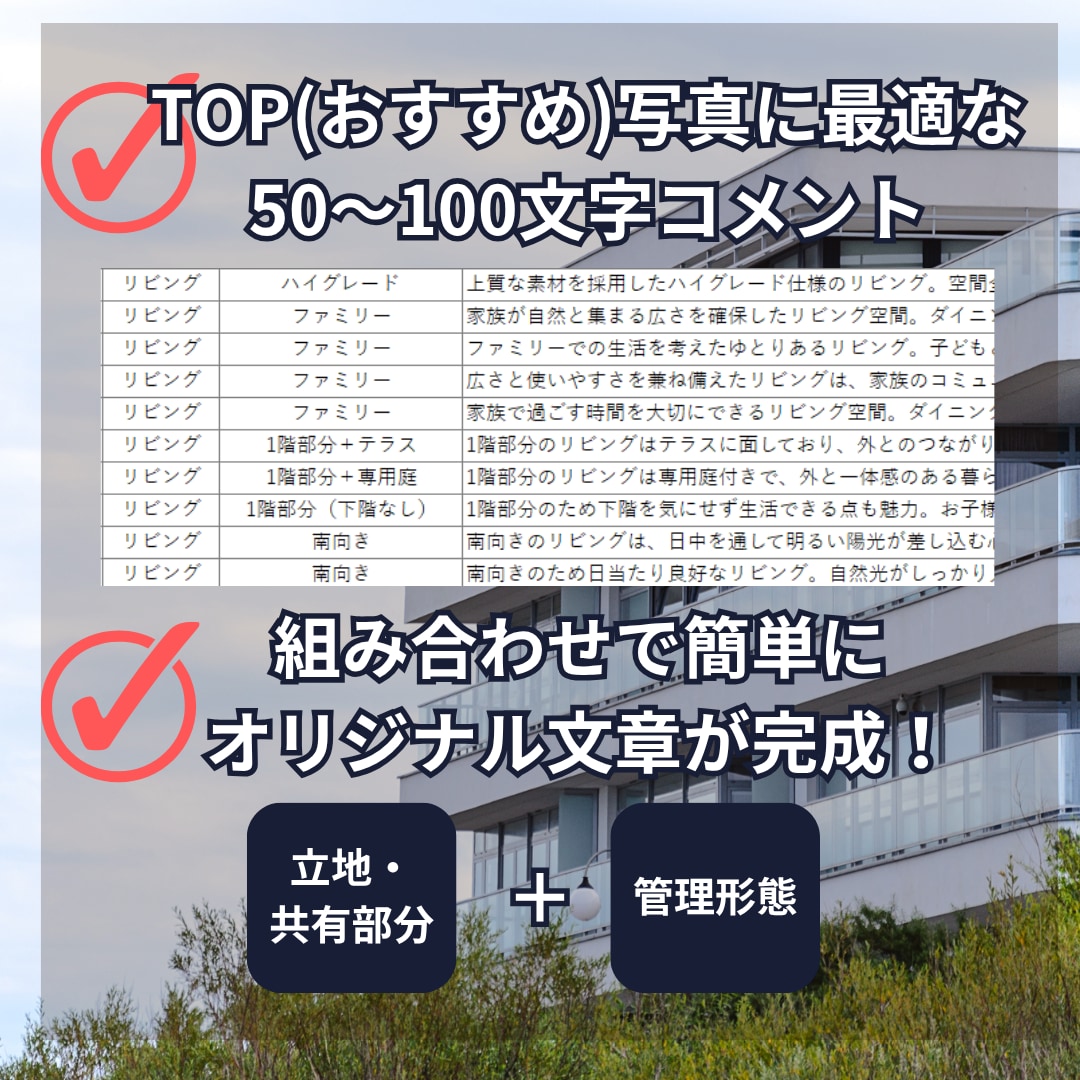 コピペOK!物件コメント100文字*時短が叶います メイン写真のコメントに最適な50~100文字のテンプレ集です イメージ2