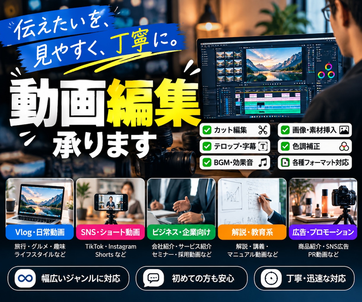 幅広いジャンルの動画を丁寧に編集します 字幕・テロップ・BGM・素材挿入まで対応します イメージ1