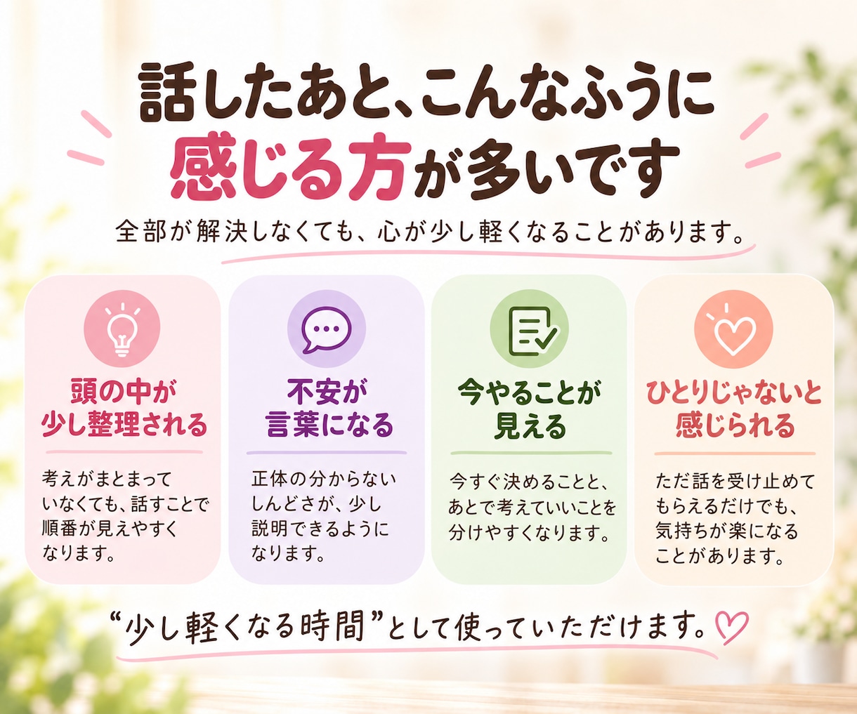 誰にも話せない悩みを元看護師がお聴きします 家族・親・介護・仕事・人間関係｜まとまっていなくても大丈夫 イメージ4